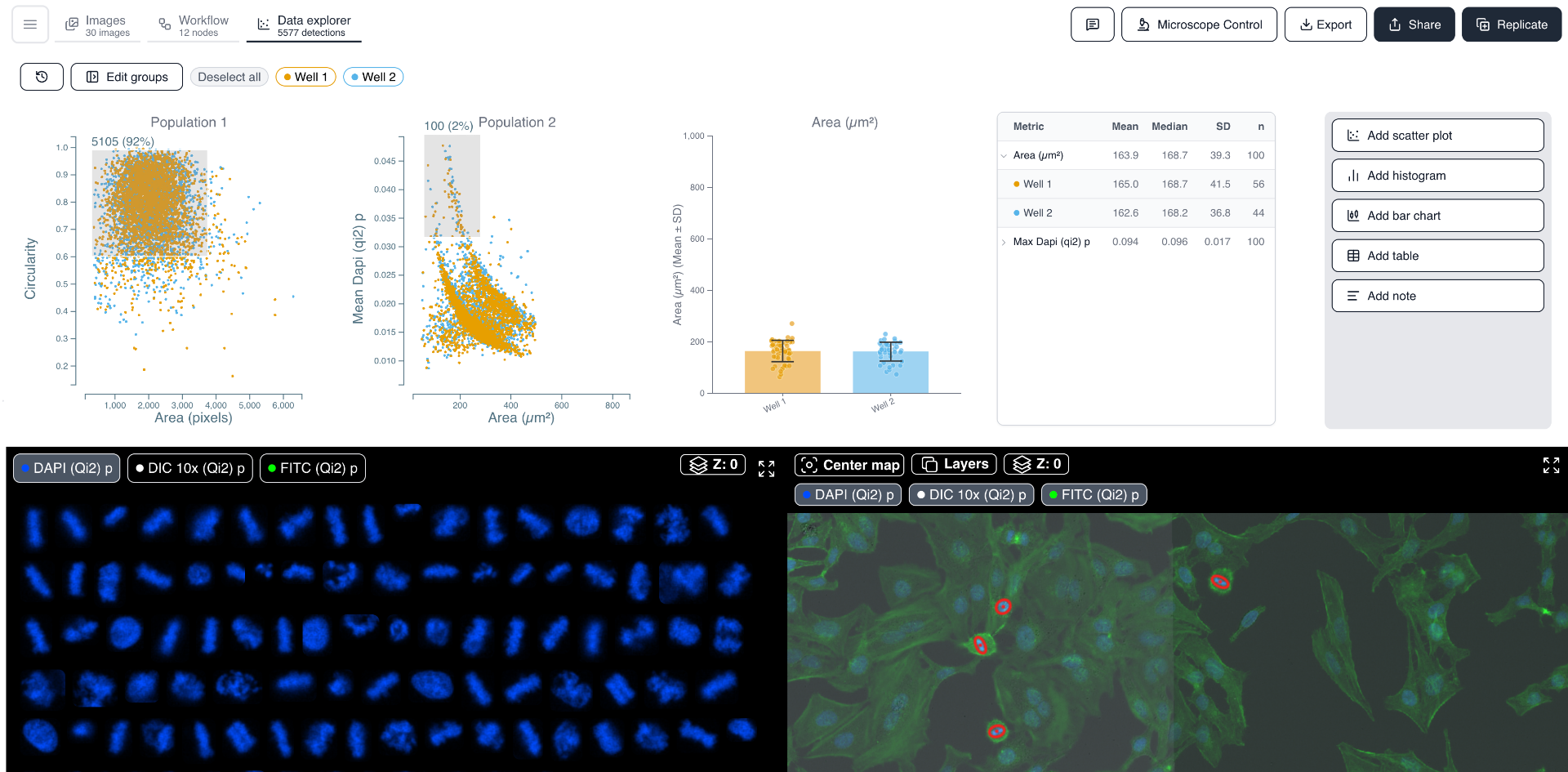Data explorer showing two scatter plots with gates, a bar chart, a statistics table, a gallery of cropped nuclei, and the overview map with outlined detections.