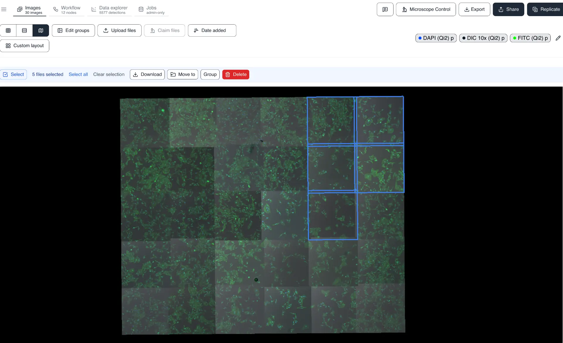 Images tab in Map view with five fields selected and the bulk action bar showing Download, Move to, Group, and Delete.